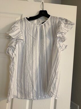 NWT Ann Taylor Women’s White Blouse with Blue Pinstripes and Ruffle Sleeves